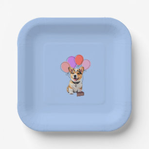 Soft Blue Cheerful Playful Corgi Birthday Party Paper Plate
