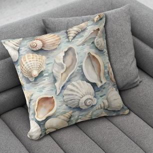 Soft Blue Coastal Seashell Watercolor Cushion