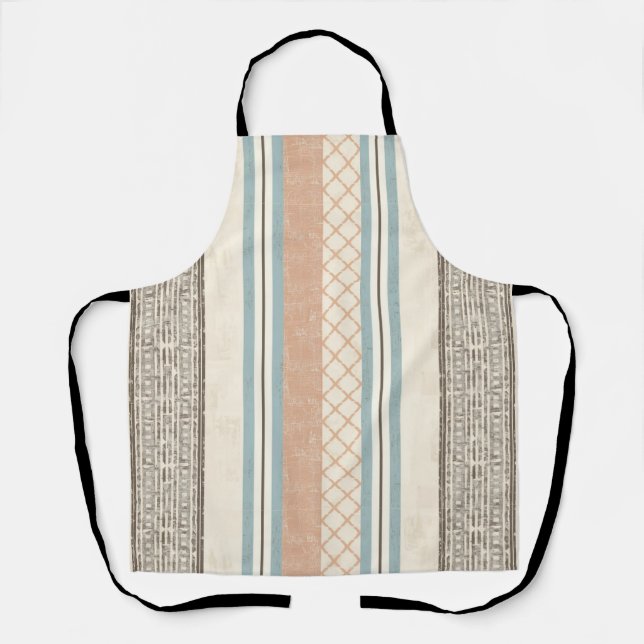 Soft Blue Cream Brown Peach Farmhouse Stripe Apron (Front)