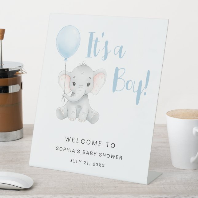 Soft Blue Cute Elephant Modern Baby Shower Pedestal Sign (In SItu)