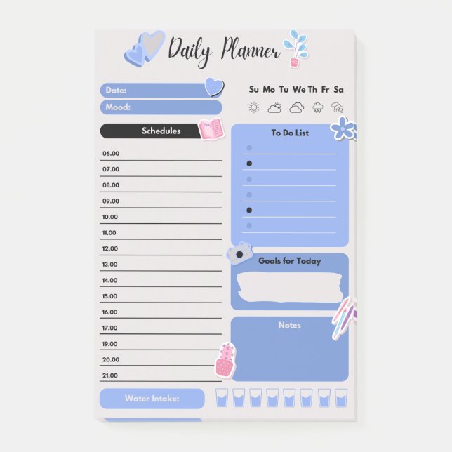 Soft Blue Daily Planner with Mood & Water Track Post-it Notes (Front)