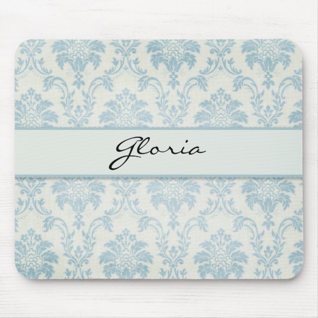 Soft Blue Damask With White Label Mouse Pad (Front)