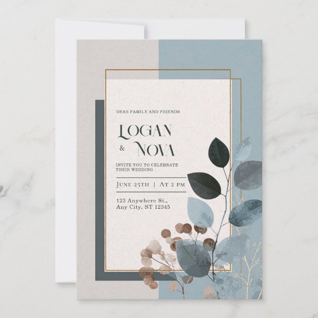 Soft Blue Earthy Foliage Botanical Wedding Invitation (Front)
