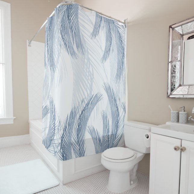 Soft Blue Feather Palm Bliss 1 Shower Curtain (In Situ)