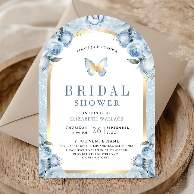 Soft Blue Floral Arch Butterfly Bridal Shower Invitation (Creator Uploaded)