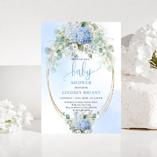 Soft Blue Floral Baby Shower Invitation Gold