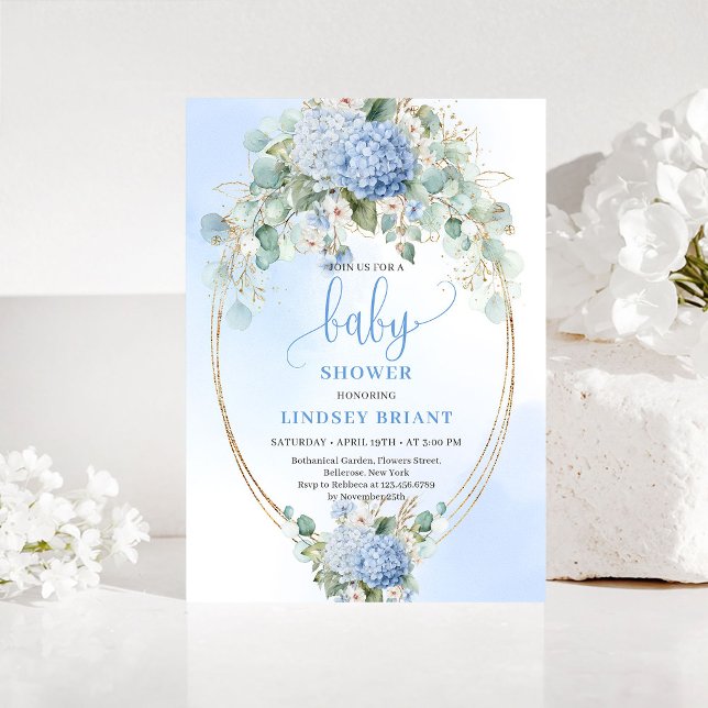 Soft Blue Floral Baby Shower Invitation Gold (Soft Blue Floral Baby Shower Invitation Gold)