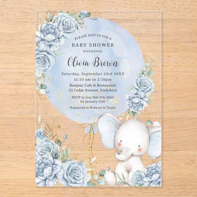 Soft Blue Floral Balloon Elephant Boy Baby Shower Acrylic Invitations (Front)
