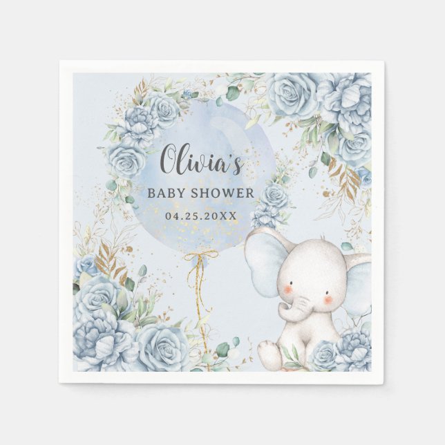 Soft Blue Floral Balloon Elephant Boy Baby Shower Napkin (Front)