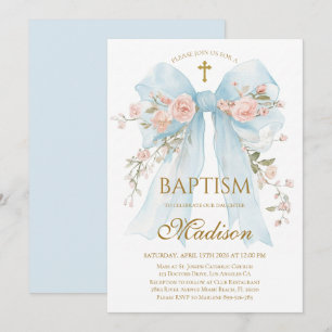 Soft Blue Floral Bow Baby Girl Baptism Elegant Invitation