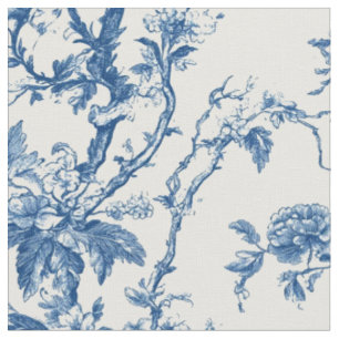 Soft Blue Floral Branch Toile Fabric