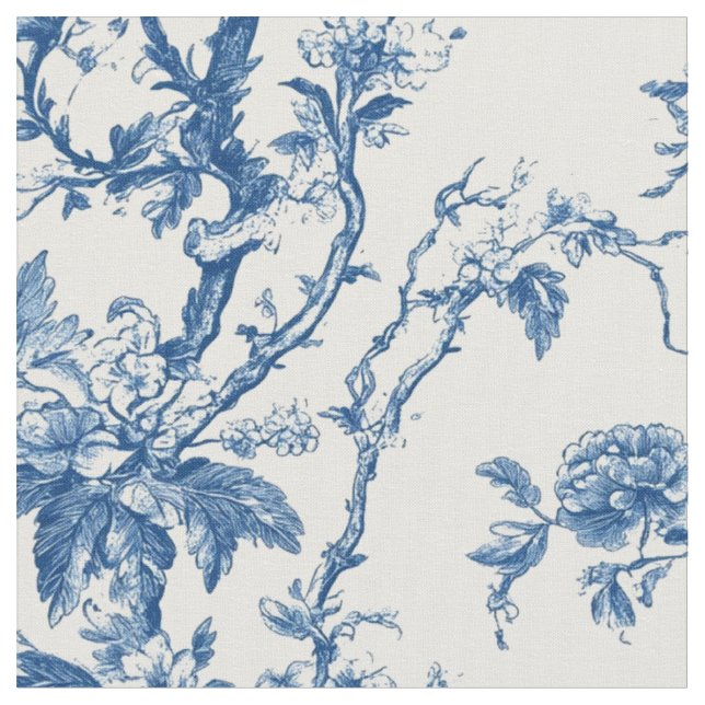 Soft Blue Floral Branch Toile Fabric (Close Up)