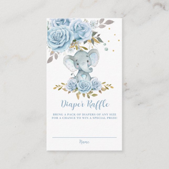 Soft Blue Floral Cute Elephant Baby Diaper Raffle  Enclosure Card (Front)