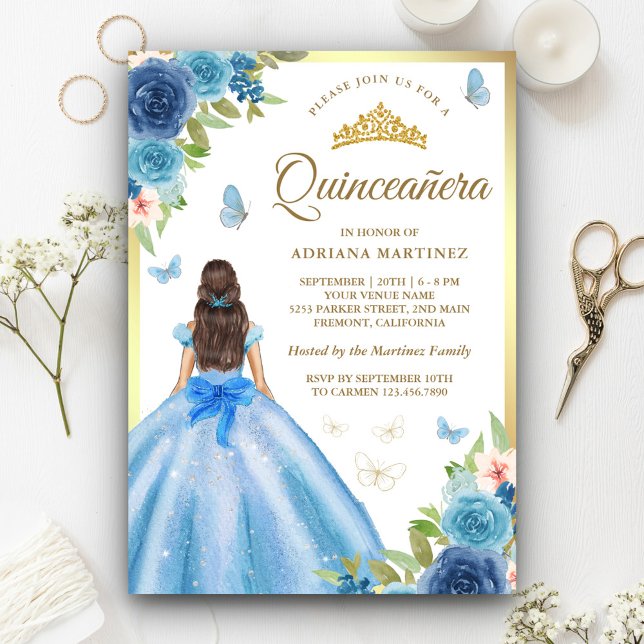Soft Blue Floral Dress Butterfly Gold Quinceanera  Invitation (Creator Uploaded)