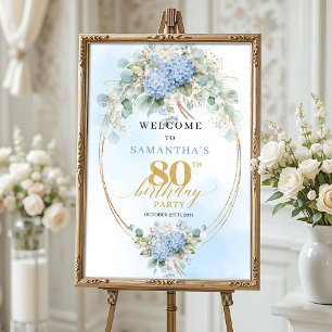 Soft Blue Floral Elegance Gold 80 birthday welcome Poster