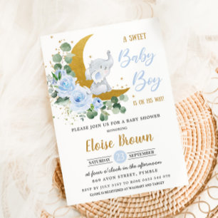 Soft Blue Floral Elephant Sweet Baby Boy Shower Invitation