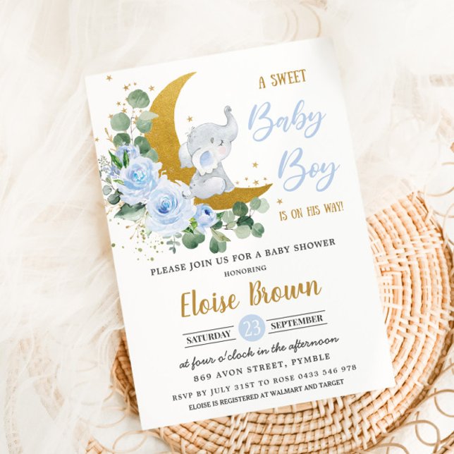 Soft Blue Floral Elephant Sweet Baby Boy Shower Invitation (Creator Uploaded)