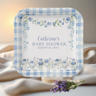 Soft Blue Floral Gingham Baby Shower  Paper Plate