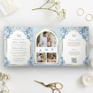 Soft Blue Floral Gold Arch Butterfly Wedding Tri-Fold Invitation