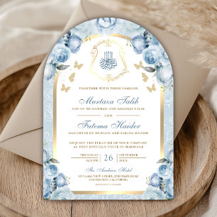 Soft Blue Floral Gold Arch Muslim Wedding Invitation