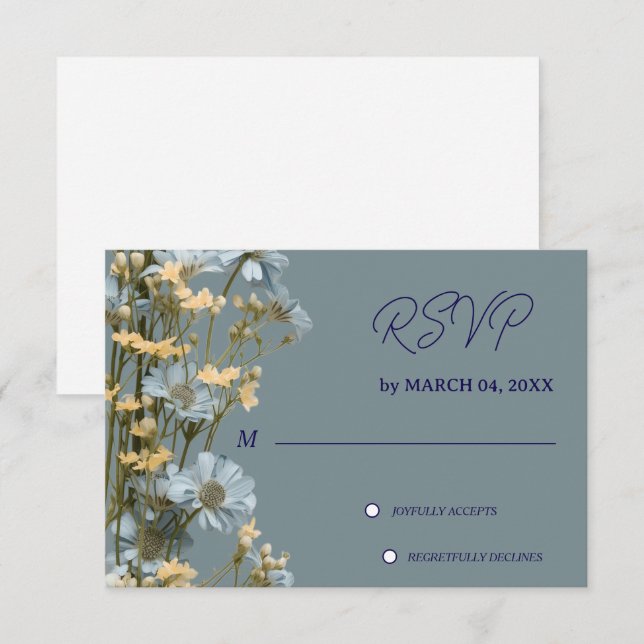 Soft Blue Floral Grey Classic Wedding RSVP Card (Front/Back)