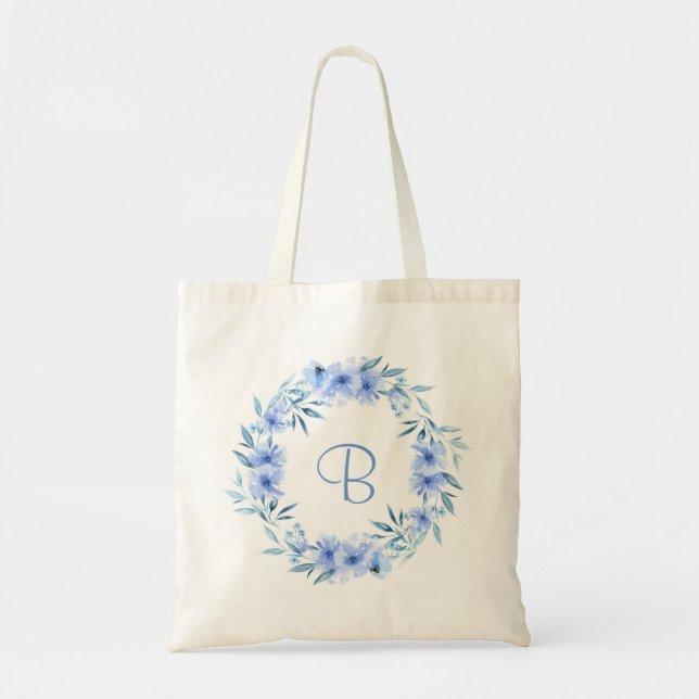 Soft blue floral wreath personalised gift tote bag (Front)
