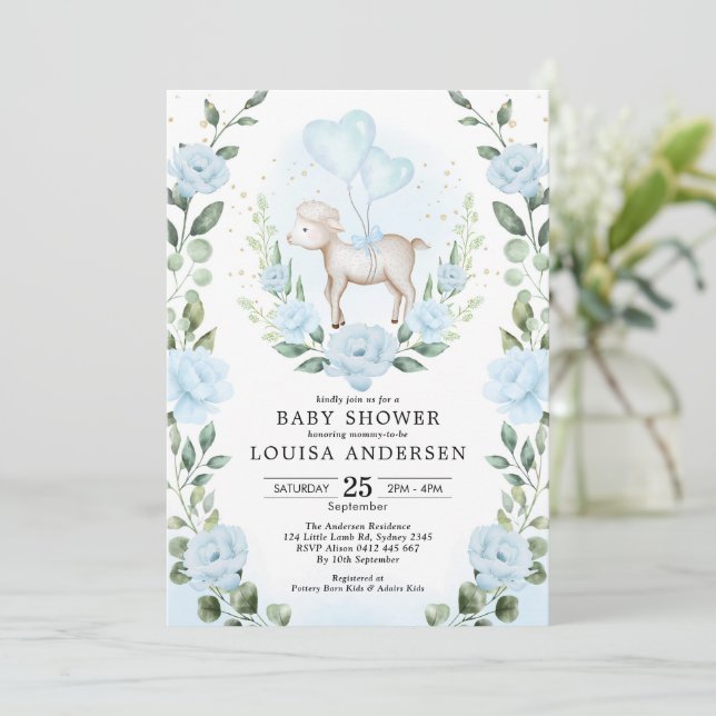 Soft Blue Flower Lamb Baby Shower Spring Garden Invitation (Standing Front)
