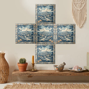 Soft Blue French Toile Beige Flowers Cottagecore Tile