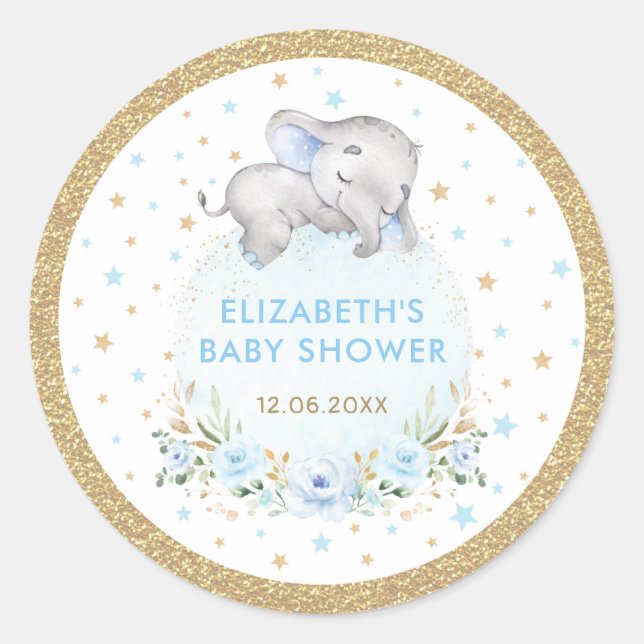 Soft Blue Gold Boy Elephant Baby Shower Favours Classic Round Sticker (Front)