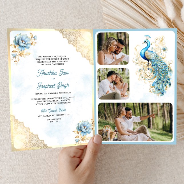 Soft Blue Gold Lace Floral Indian Peacock Wedding Invitation (Creator Uploaded)