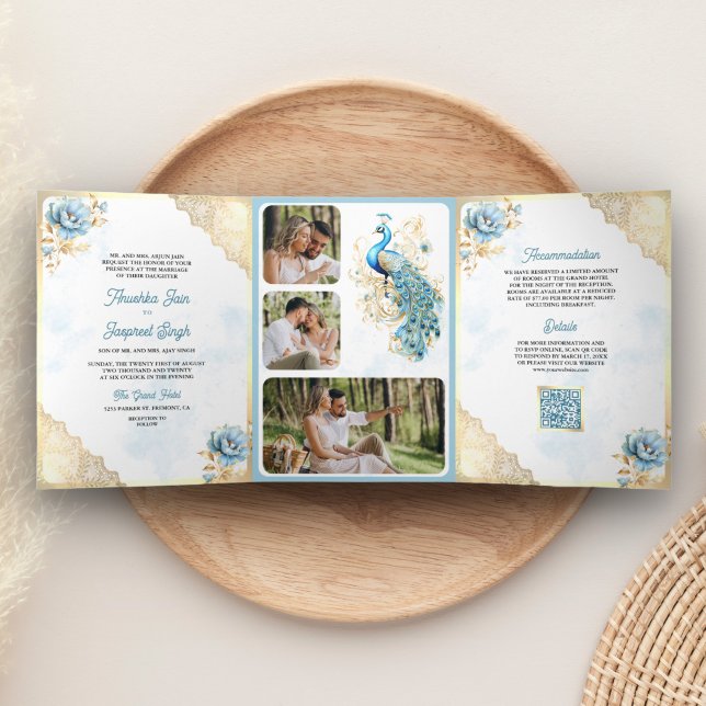 Soft Blue Gold Lace Floral Indian Peacock Wedding Tri-Fold Invitation (Creator Uploaded)