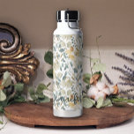 Soft Blue Gold Pretty Leaf Floral Add Name Water Bottle<br><div class="desc">Floral Water Bottle.</div>