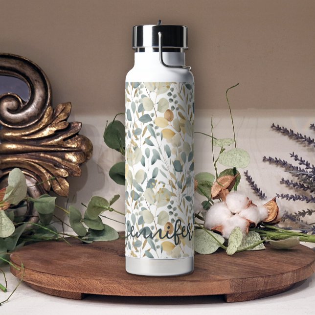 Soft Blue Gold Pretty Leaf Floral Add Name Water Bottle (Creator Uploaded)