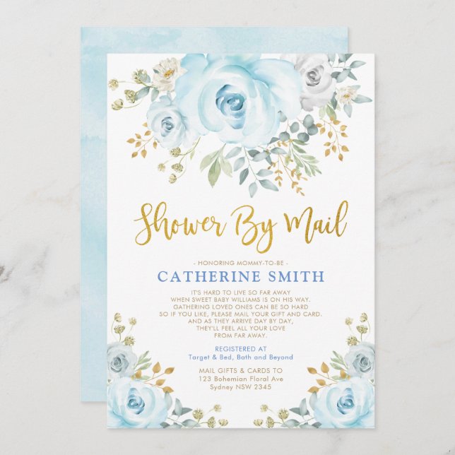 Soft Blue Gold Roses Baby Shower By Mail Virtual Invitation (Front/Back)
