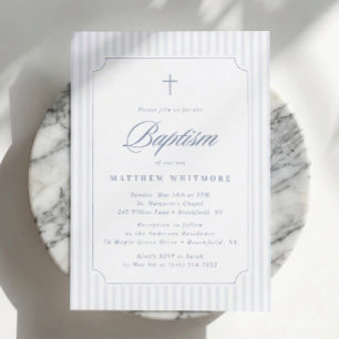 Soft Blue-Gray Striped Baptism Invitation