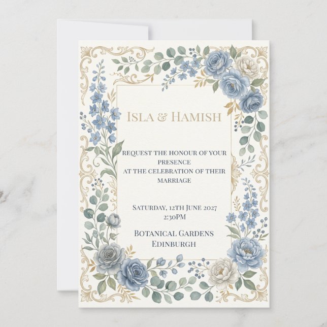 Soft Blue Green Botanical Wedding Invitation (Front)