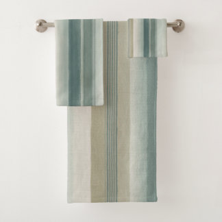 Soft Blue Green Light Teal Beige Weathered Stripe Bath Towel Set