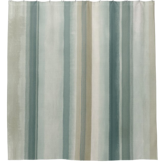 Soft Blue Green Light Teal Beige Weathered Stripe Shower Curtain (Front)