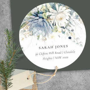 Soft Blue Green Succulent Floral Botanical Address Classic Round Sticker