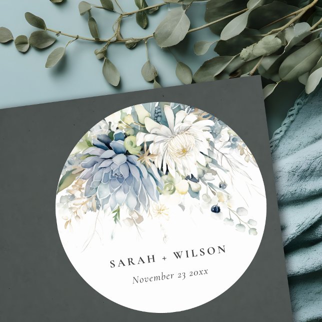 Soft Blue Green Succulent Floral Botanical Wedding Classic Round Sticker (Creator Uploaded)