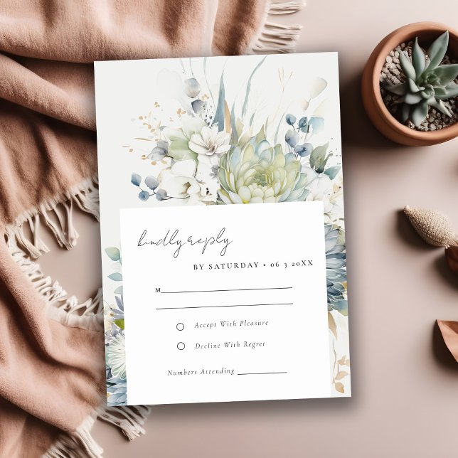 Soft Blue Green Succulent Floral Botanical Wedding RSVP Card (Creator Uploaded)