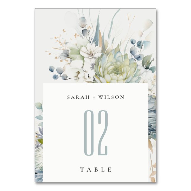 Soft Blue Green Succulent Floral Botanical Wedding Table Number (Front)