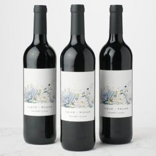 Soft Blue Green Succulent Floral Botanical Wedding Wine Label