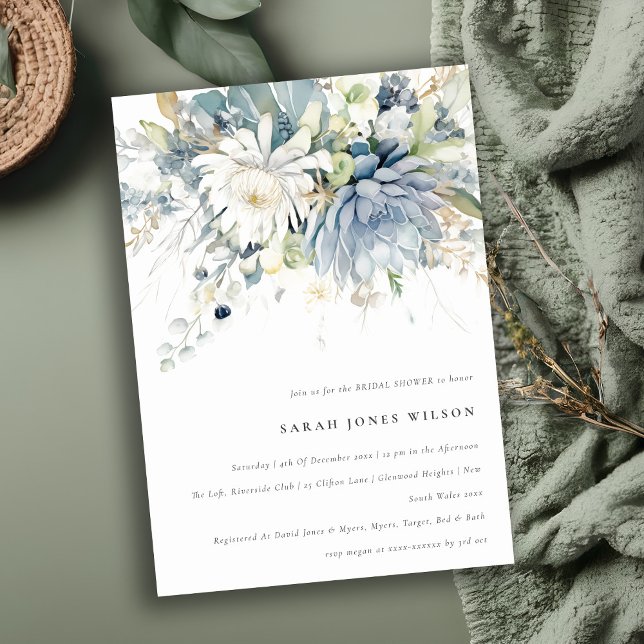 Soft Blue Green Succulent Floral Bridal Shower Invitation (Creator Uploaded)