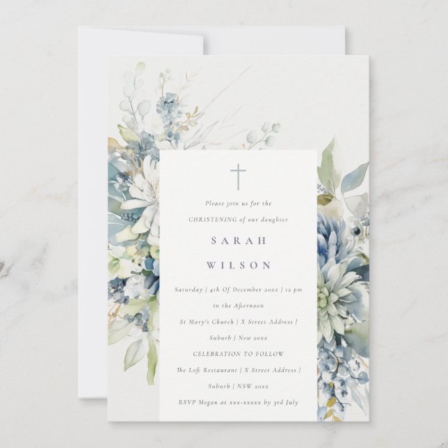 Soft Blue Green Succulent Floral Christening  Invitation (Front)