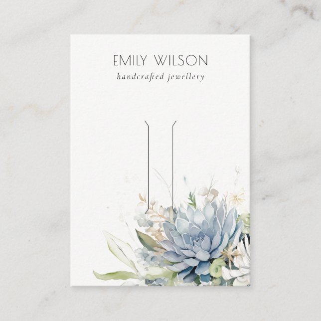 Soft Blue Green Succulent Floral Hairpin Display Business Card (Front)