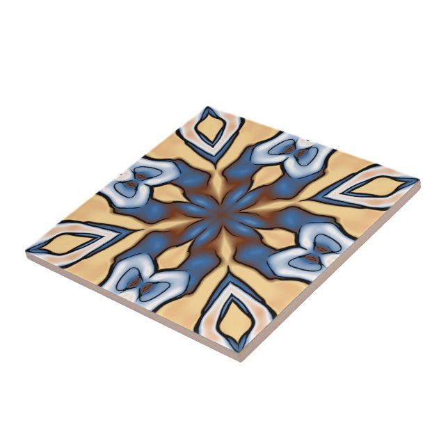 Soft Blue Grey Cream Yellow Brown Ethnic Tribe Art Tile (Side)