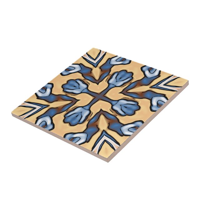 Soft Blue Grey Cream Yellow Brown Ethnic Tribe Art Tile (Side)
