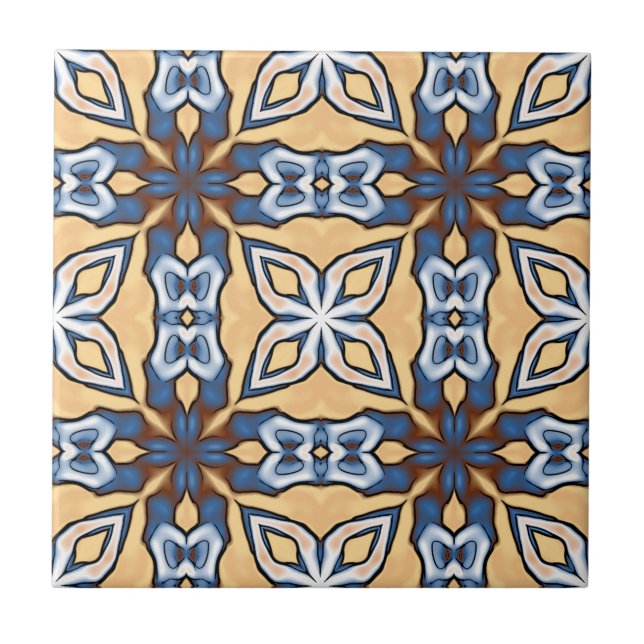 Soft Blue Grey Cream Yellow Brown Ethnic Tribe Art Tile (Front)