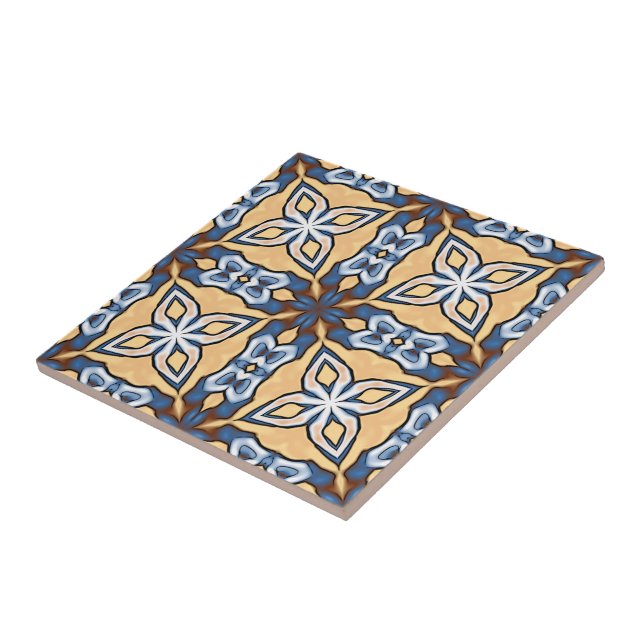 Soft Blue Grey Cream Yellow Brown Ethnic Tribe Art Tile (Side)